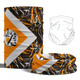 A tubular bandana in black, orange, and white with a dynamic design, featuring a logo and versatile styling options.