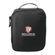 A black tech case featuring a zip closure and a top handle, with a logo on the front.