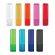 A collection of ten cylindrical tubes in various colours, including clear, orange, pink, green, and blue. Each has a logo.