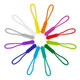 A collection of multicoloured silicone straps arranged in a circle, featuring various vibrant colours like purple, green, and orange.