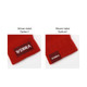 A pair of red knitted fingerless gloves featuring two options for a woven label.