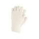 A pair of plain knitted fingerless gloves in white, featuring a woven label, designed for adults.
