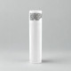 A white lip balm tube with a rounded cap, featuring ingredient information on the label.