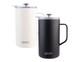 Two insulated coffee presses, one in white and one in black, both featuring a handle and a lid, with a logo.
