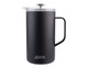 A drink bottle styled as a 1L insulated coffee press in matte black with a clear lid and a handle. It features a logo.