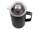 A drink bottle in matte black with a transparent lid and a stainless steel press mechanism. Features a handle and logo.