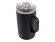 A drink bottle in matte black with a clear lid and metal plunger, featuring a handle and a logo.