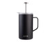 A drink bottle with a matte black finish, a transparent lid, and a metal plunger, featuring a logo on the base.