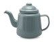 A teal enamel teapot with a curved spout and a lid, featuring a handle and a smooth finish.