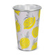 A drink cup featuring a lemon design in yellow and silver on a light purple background. It has a metallic interior and a logo.