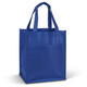 A blue pocket shopping bag with two handles and a front pocket. It has a simple, sleek design.