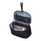 A black toiletry bag with a grey interior, featuring multiple compartments and a removable pouch.