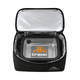 A black insulated lunch bag with a silver interior, featuring a transparent container inside and a logo.