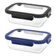 A glass lunch box with a clear body and black and navy blue lids, featuring a secure locking mechanism and a logo.