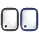 A set of two rectangular glass lunch boxes with black and navy blue silicone lids. They include locking clips.