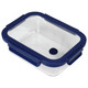 A glass lunch box with a navy blue lid and a vent hole, featuring a transparent container.
