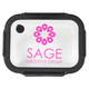 A glass lunch box with a black lid, featuring a pink logo and a clear container.
