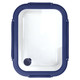 A glass lunch box with a navy blue lid and transparent container, featuring a small round vent.