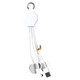 A white 6-in-1 multi charging cable with a retractable design, featuring multiple connectors and a keyring attachment.