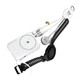 A 6-in-1 multi charging cable in white with various connectors, attached to a watch and headphones, featuring a logo.