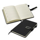 A black weekly diary with a bookmark and elastic band, featuring blank pages for scheduling and notes.