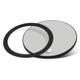 A round magnetic badge in grey with a black outer ring and backing, featuring a logo.