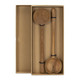 Two wooden salad servers, one rounded and one forked, displayed in a rectangular box. The wood has a natural finish.