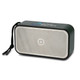 A rectangular black and silver speaker with a textured front grill and a branding logo on top.