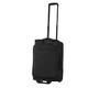 A black wheeled duffle bag with a retractable handle and zippers, featuring an exterior pocket and a logo.