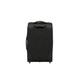 A black wheeled duffle bag with a textured surface, featuring two wheels and a handle.