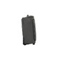 A wheeled duffle bag in grey with a zippered closure and a branding logo. Features side handles and wheels for easy transport.