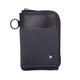 A black and grey zippered wallet with a textured surface and a ring attachment, featuring a logo on the front.