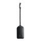 A black luggage tag made of leather, featuring a braided attachment. It has a logo on its surface.