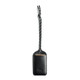 A black leather luggage tag features a braided strap and a logo. The design is sleek and minimalist.