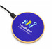 A circular wireless charger with a wooden base and a blue top featuring a logo.