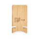A bamboo wireless charging stand with a sleek design and a natural finish. It has a logo and specifications on the back.