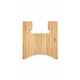 A bamboo chopping board features a unique shape with a cut-out handle. The surface showcases natural wood grain.