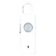 A white safety alarm keychain featuring a circular light and a carabiner hook for easy attachment.