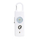 A white safety alarm keychain featuring a round light and a carabiner clip, with a logo on the front.