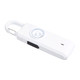 A white safety alarm keychain with a round button and a clip for attachment. It features a small speaker area.