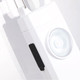 A white safety alarm keychain with a circular button and a small black switch. It has a branding logo.