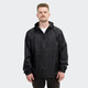 A black windbreaker jacket with a hood, featuring a front zip and elasticated cuffs, worn by a man.