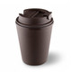 A drink bottle in a dark brown colour, featuring a cup design and a lid, with a branding logo present.