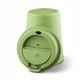 A drink bottle with a green eco-friendly design and a flip-top lid. It features a logo on its side.