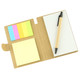 A sticky note pad featuring yellow, pink, green, and blue notes, with a blank notepad and a pen, in a brown cover.