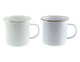 Two rimmed enamel mugs, one white and one light blue, both featuring a gold trim and a handle.