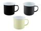 A set of three two-tone mugs in black, grey, and yellow, each with a contrasting white interior and handle.