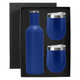 A drink bottle in blue with two matching blue cups, presented in a sleek black gift box.