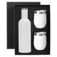A drink bottle and two matching white drink tumblers in a black gift box, featuring metallic accents.