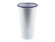 A white enamel tumbler with a blue rim, measuring 775ml and 10cm tall. Features a simple design.
